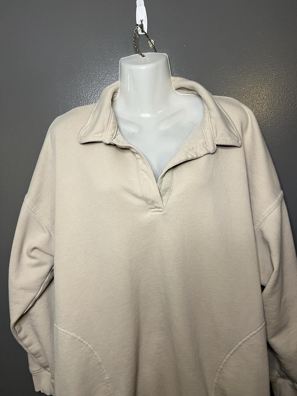 Aerie Sweatshirt Womens Medium Beige Collared V Neck Fleece Pullover Relaxed